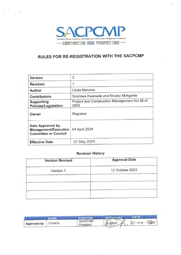 SACPCMP RULES FOR RE-REGISTRATION - SACPCMP